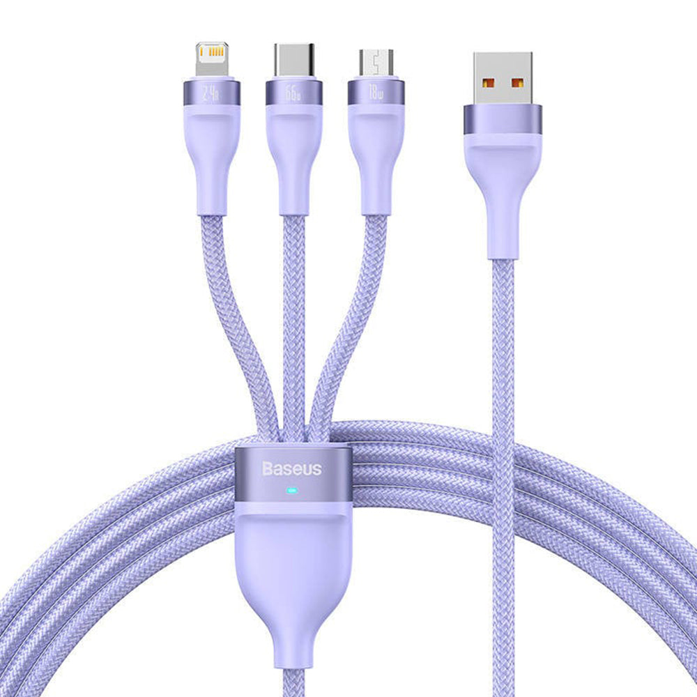 Kabel za punjenje USB-A - Lightning / microUSB / USB-C Baseus Flash Series II 3u1, 66W, 1.2m, Ljubičasti CASS040005