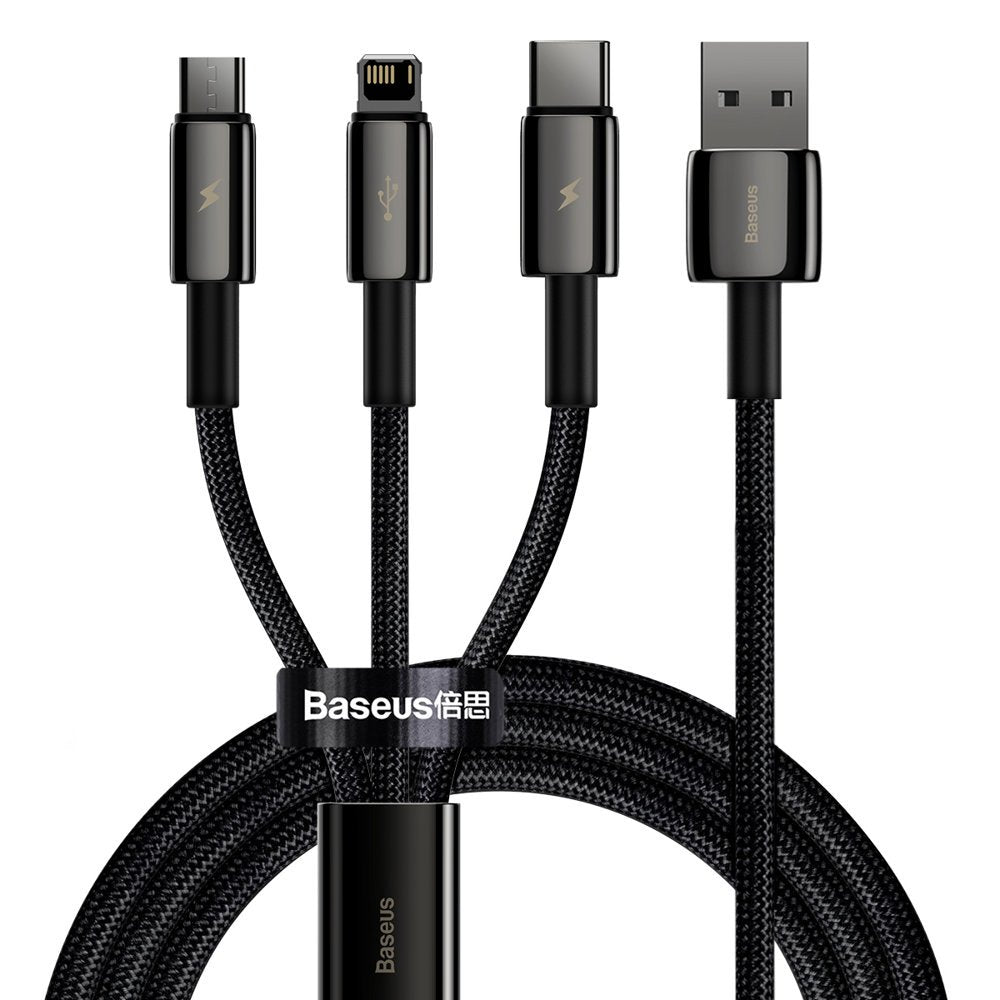 Kabel za punjenje USB-A - Lightning / microUSB / USB-C Baseus Tungsten Gold 3u1, 18W, 1.5m, Crni CAMLTWJ-01