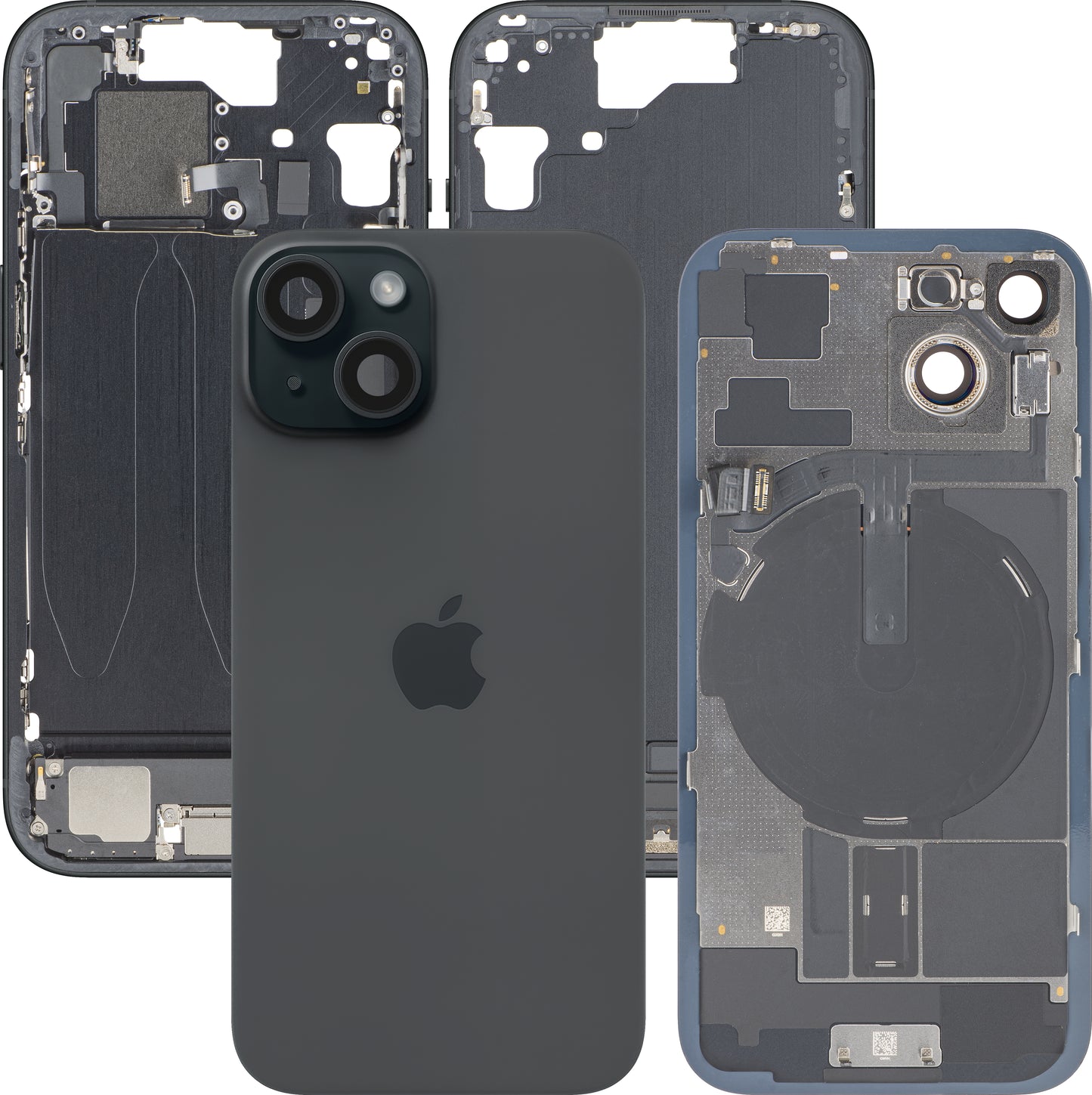 Poklopac baterije Apple iPhone 15, s kućištem u sredini, Komplet dijelova, Crni, Zamjena