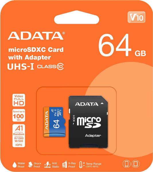 Memorijska kartica microSDXC Adata, 64Gb, Klasa 10 / UHS-1 U1, s adapterom AUSDX64GUICL10A1-RA1