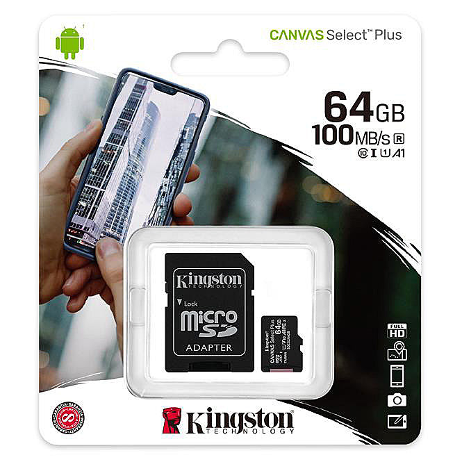 Memorijska kartica microSDXC Kingston Canvas Select Plus Android A1, 64Gb, Klasa 10 / UHS-1 U1, s adapterom SDCS2/64GB