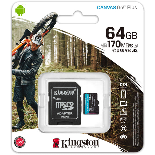 Memorijska kartica microSDXC Kingston Canvas Go Plus, 64Gb, Klasa 10 / UHS-1 U3, s adapterom SDCG3/64GB