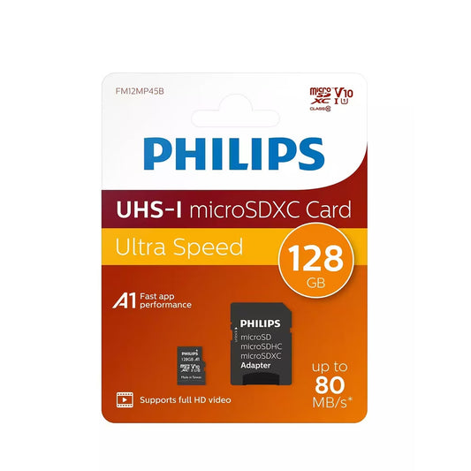Memorijska kartica microSDXC Philips, 128Gb, Klasa 10 / UHS-1 U1, S adapterom FM12MP45B/10