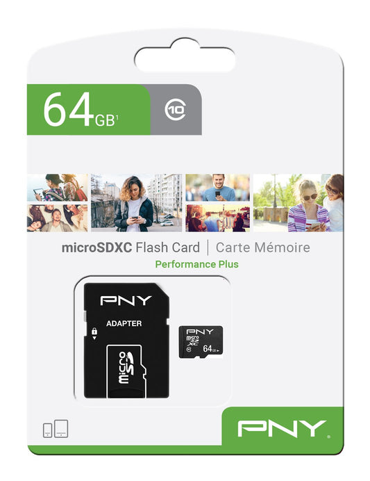 Memorijska kartica microSDXC PNY Performance Plus, 64Gb, Klasa 10, S adapterom P-SDU64G10PPL-GE