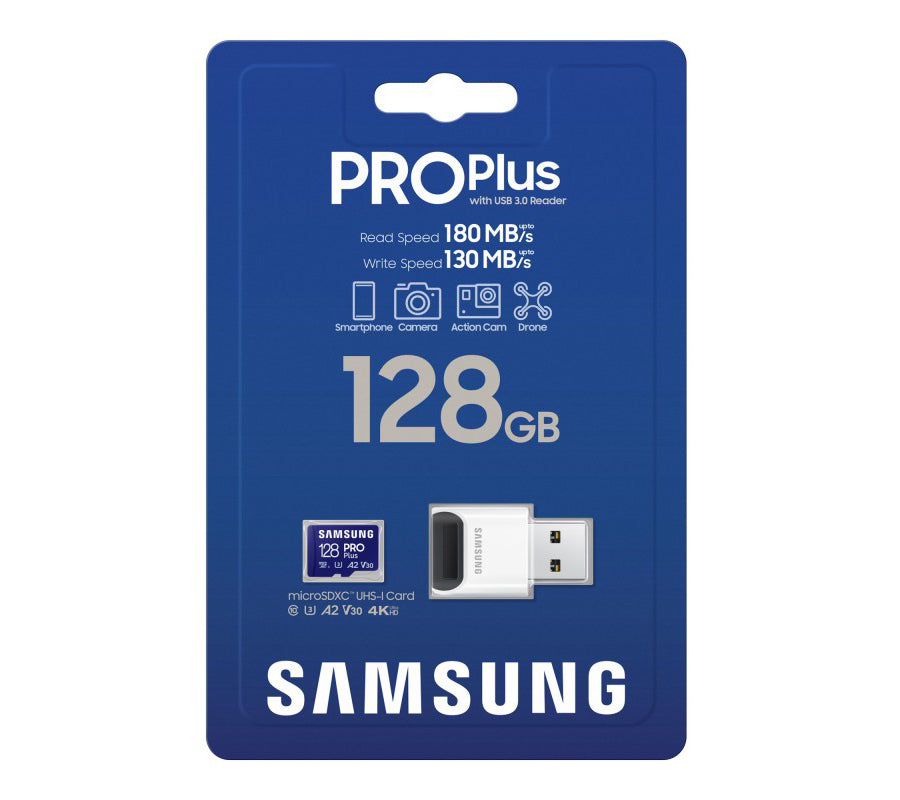 Memorijska kartica microSDXC Samsung PRO Plus, 128Gb, Klasa 10 / UHS-1 U3, s čitačem kartica MB-MD128SB/WW
