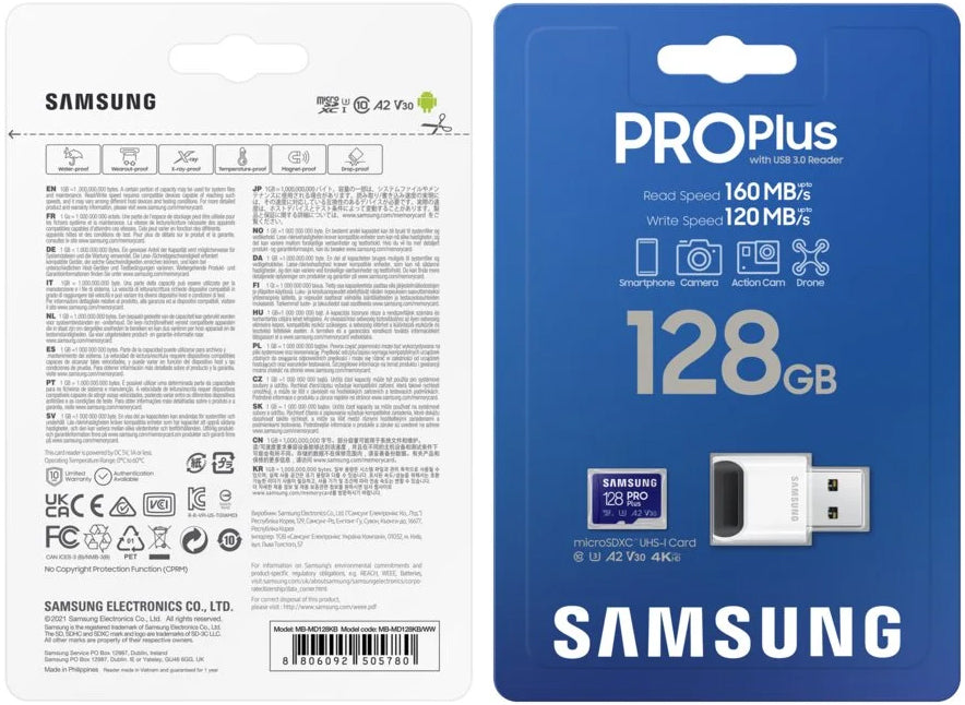 Memorijska kartica microSDXC Samsung PRO Plus, 128Gb, Klasa 10 / UHS-1 U3, S čitačem kartica i adapterom MB-MD128KB/WW