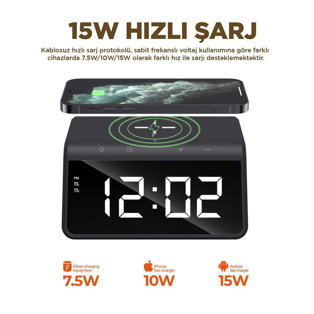 Digitalni sat HAVIT W320 s bežičnim punjenjem QI, Crni