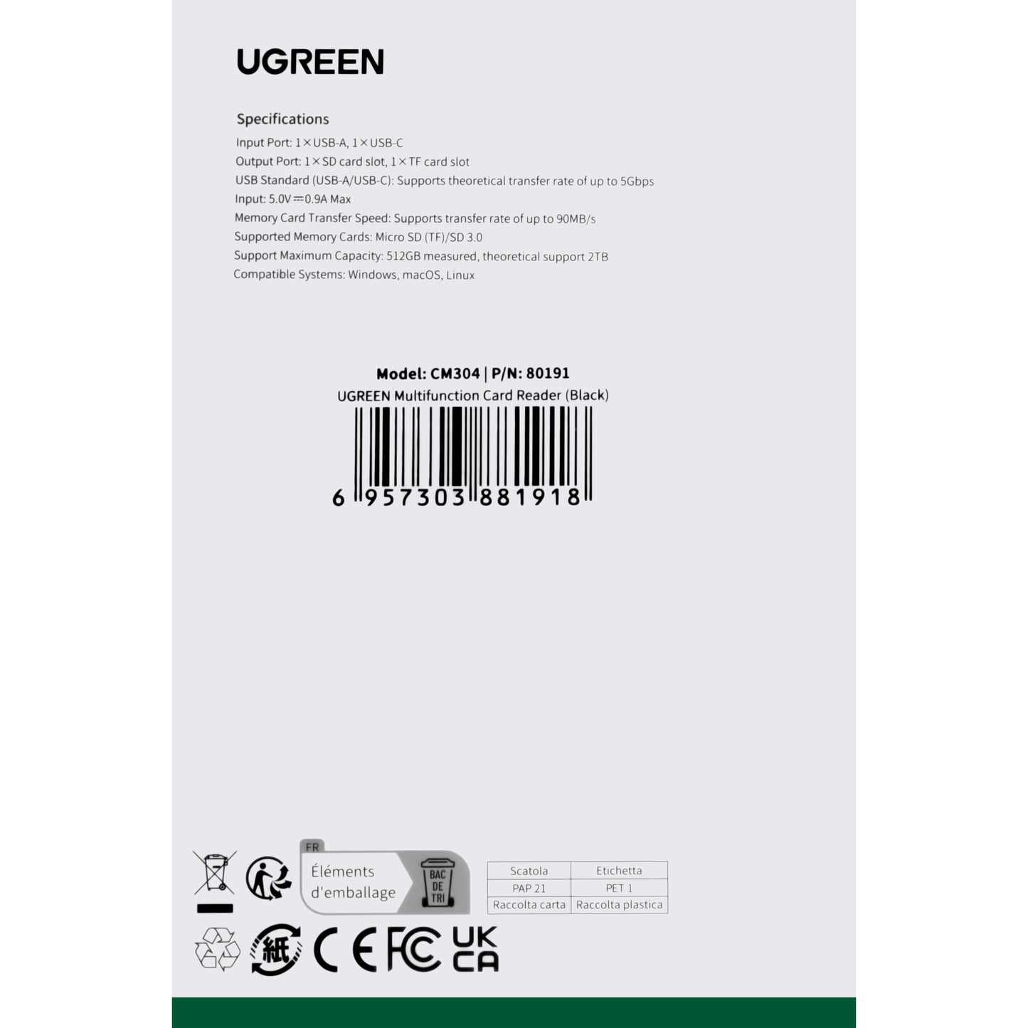 Čitač kartica USB / USB-C UGREEN CM304, SD - microSD, Crni