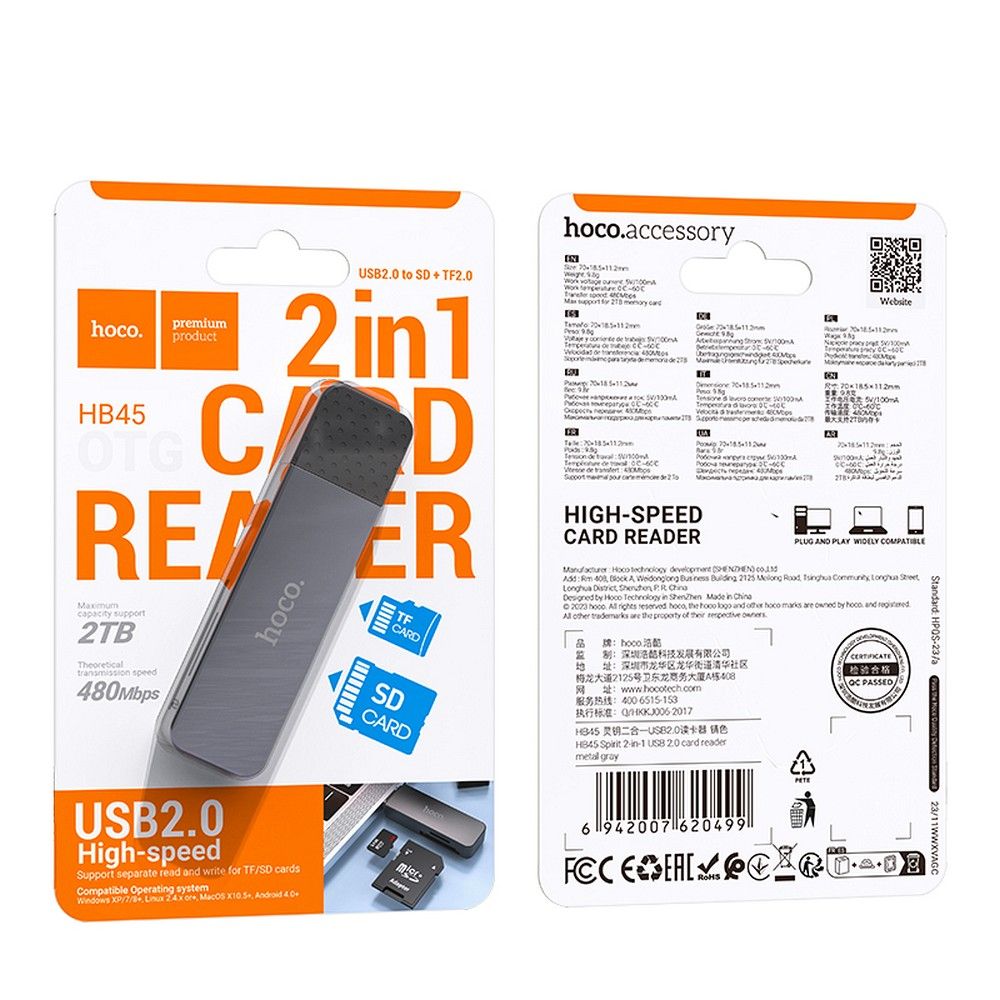 Čitač kartica USB HOCO HB45, SD - microSD, Sivi