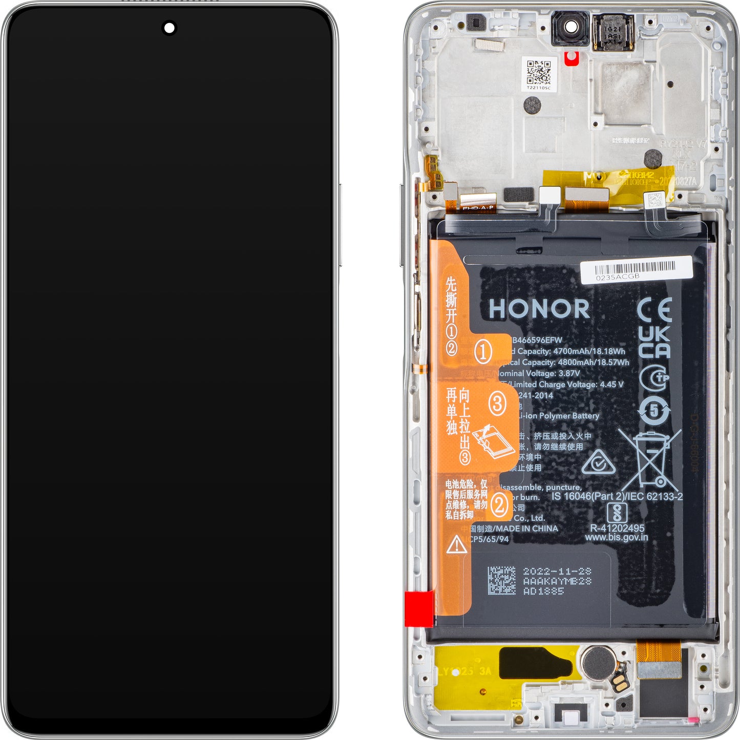 Zaslon s dodirnim ekranom Honor Magic4 Lite, s okvirom i baterijom, srebrni (Titanium Silver), servisni paket 0235ABSS