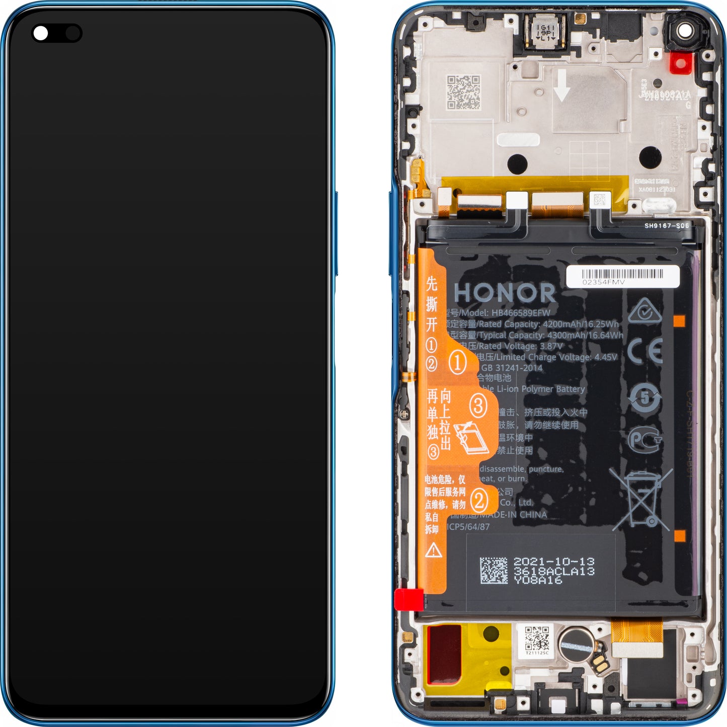 Zaslon s dodirnim ekranom Honor 50 Lite, s okvirom i baterijom, plavi (Deep Sea Blue), servisni paket 02354FMW