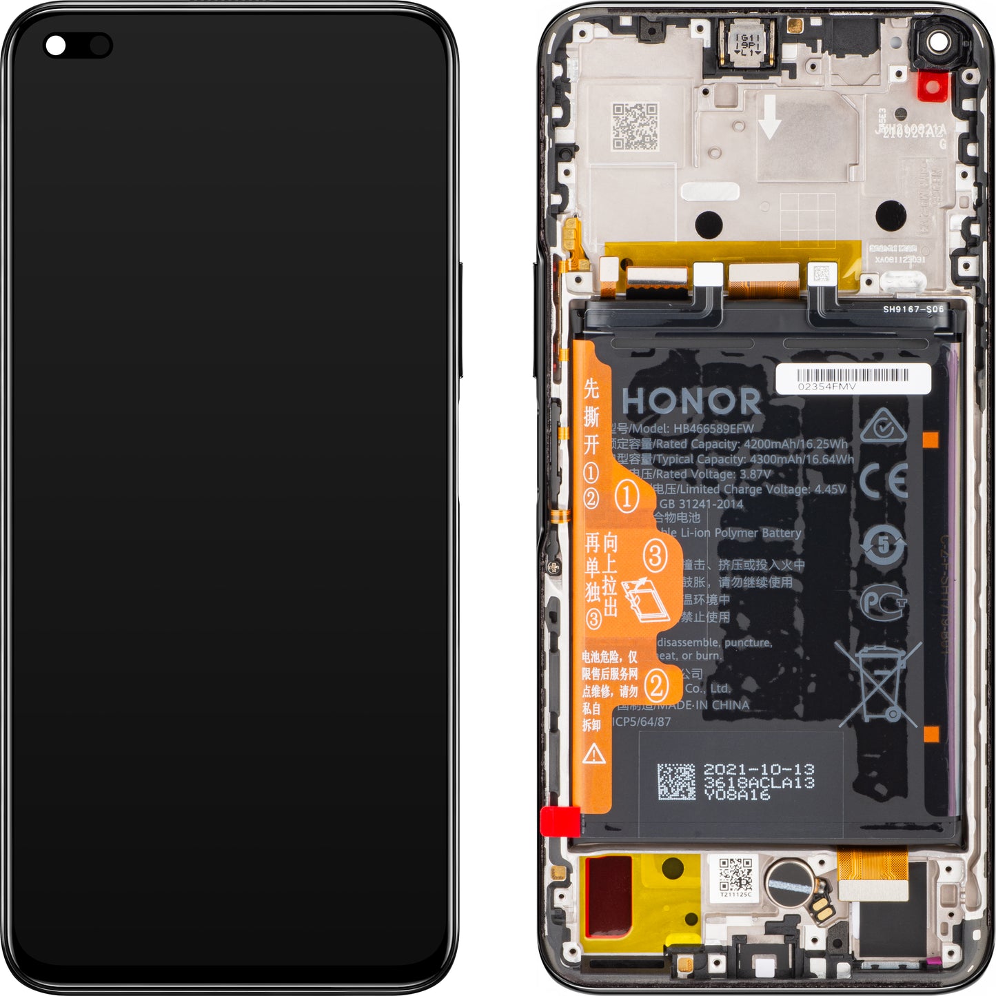 Zaslon s dodirnim ekranom Honor 50 Lite, s okvirom i baterijom, crni (Midnight Black), servisni paket 02354FMV