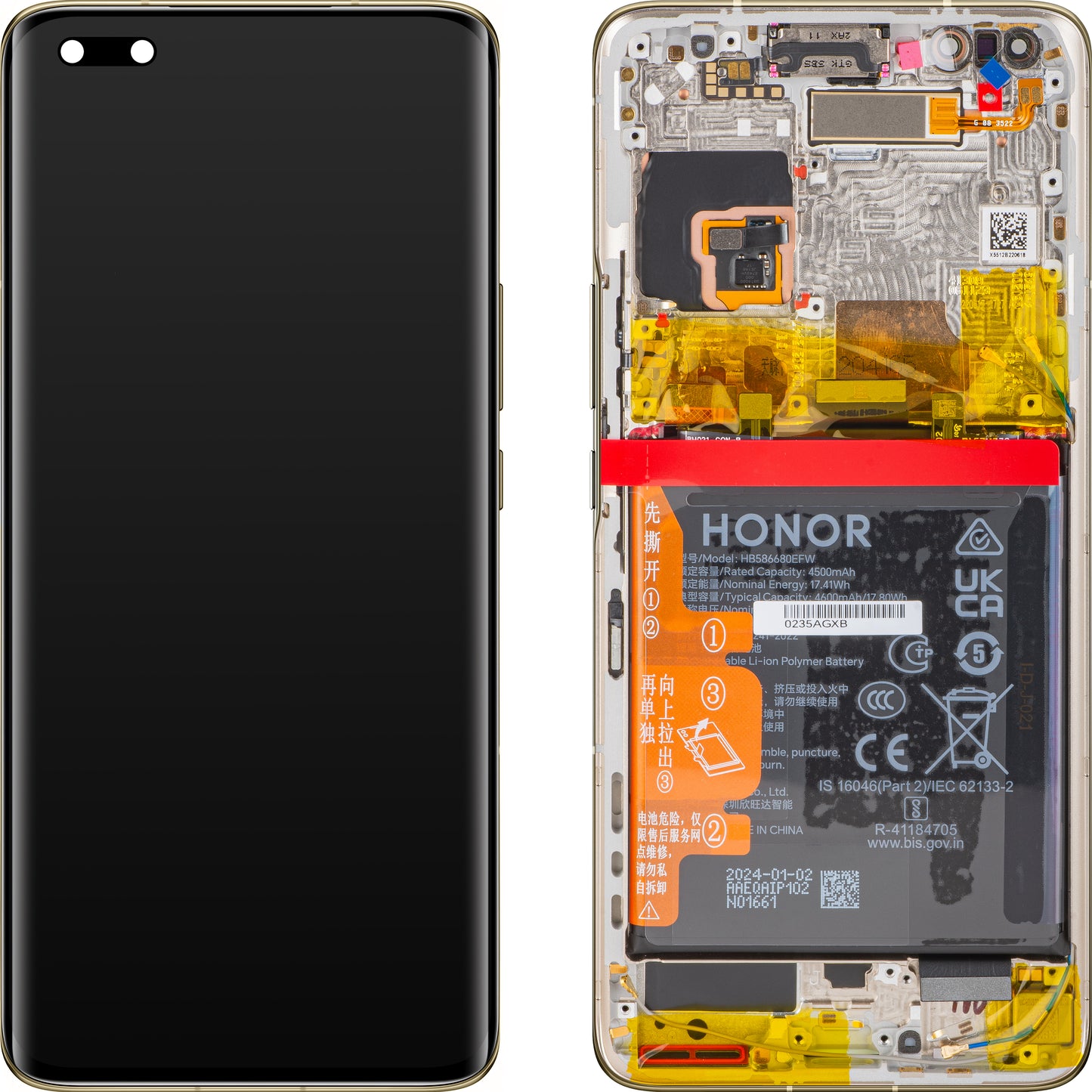 Display s dodirnim zaslonom Honor Magic4 Pro, s okvirom i baterijom, zlatni, Service Pack 0235AGXB