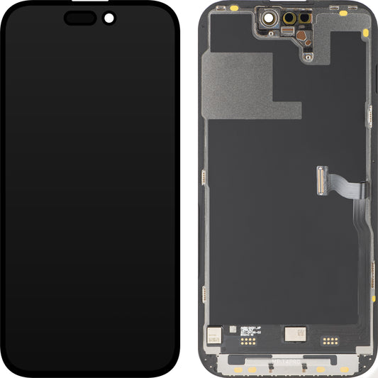 Zaslon s MP zaslonom osjetljivim na dodir kompatibilan s Apple iPhone 14 Pro, s okvirom, Premium Soft OLED FHD 120Hz Dijagnostika, Crna