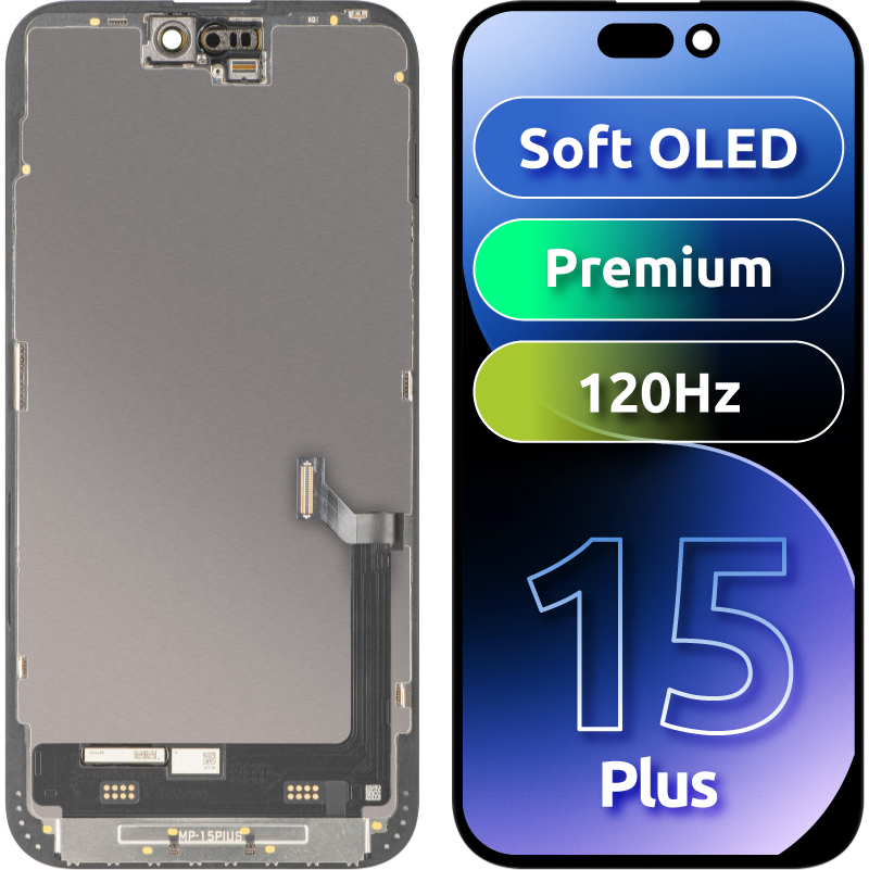 Zaslon s MP zaslonom osjetljivim na dodir kompatibilan s Apple iPhone 15 Plus, s okvirom, Premium Soft OLED FHD 120Hz verzija, Crna