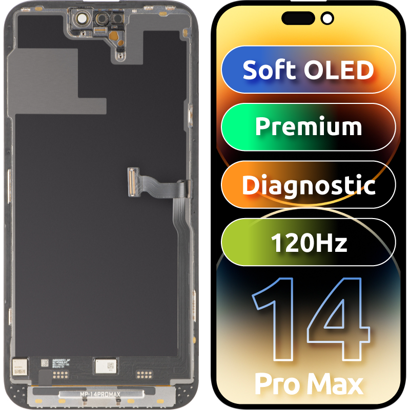Zaslon s MP zaslonom osjetljivim na dodir kompatibilan s Apple iPhone 14 Pro Max, s okvirom, Premium Soft OLED FHD 120Hz Dijagnostika, Crna
