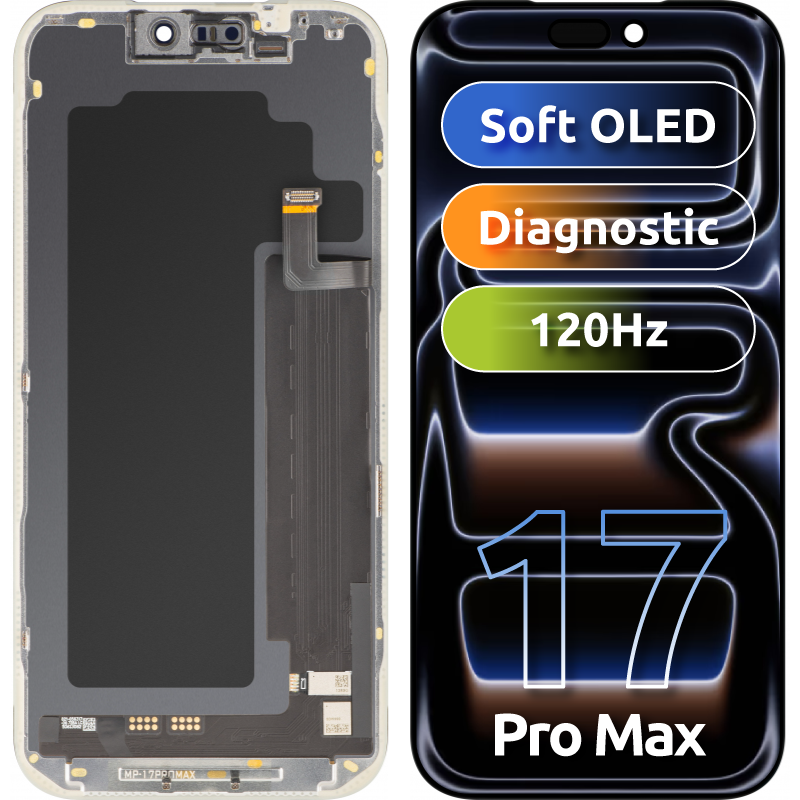 Zaslon s MP zaslonom osjetljivim na dodir kompatibilan s Apple iPhone 17 Pro Max, s okvirom, Soft OLED FHD dijagnostička verzija, crna