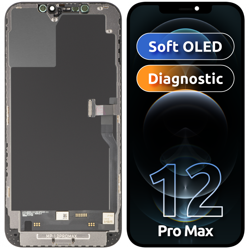 Zaslon s MP zaslonom osjetljivim na dodir kompatibilan s Apple iPhone 12 Pro Max, s okvirom, Soft OLED FHD dijagnostička verzija, crna
