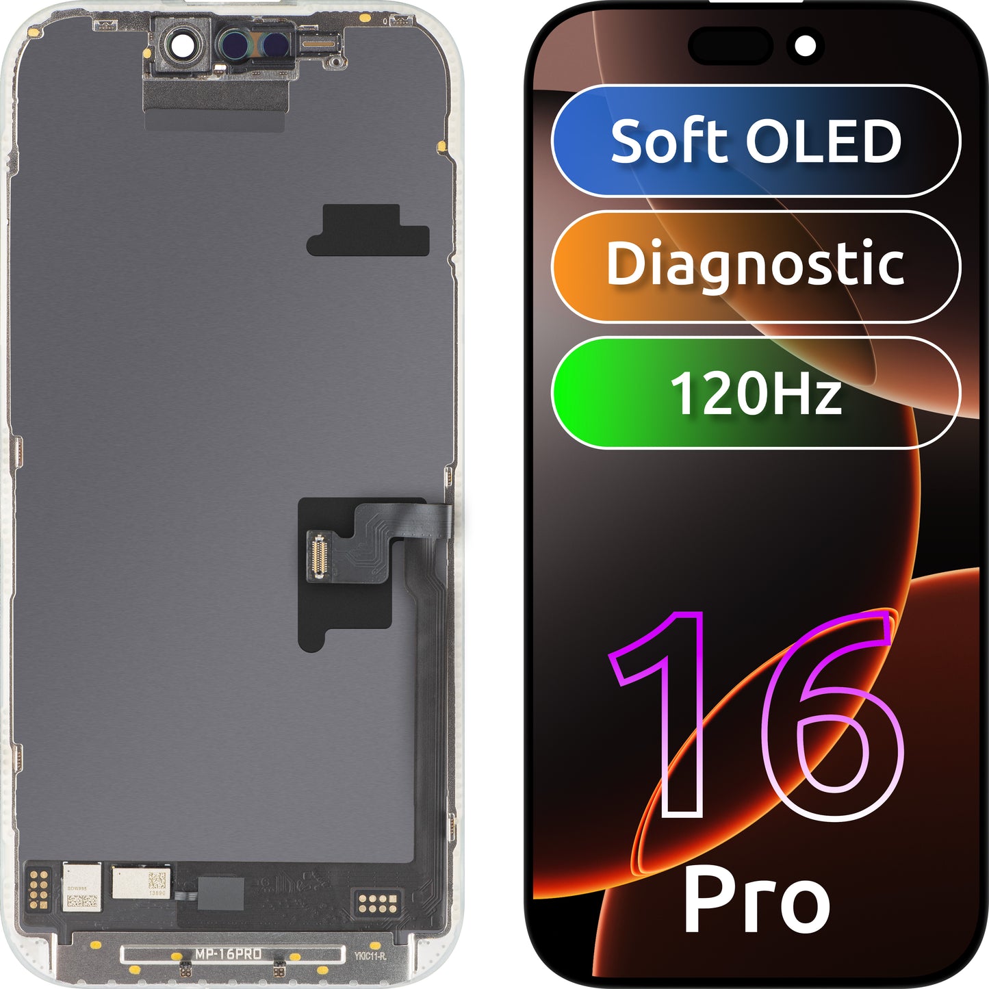 Zaslon s MP zaslonom osjetljivim na dodir kompatibilan s Apple iPhone 16 Pro, s okvirom, Soft OLED FHD 120Hz dijagnostička verzija, crna