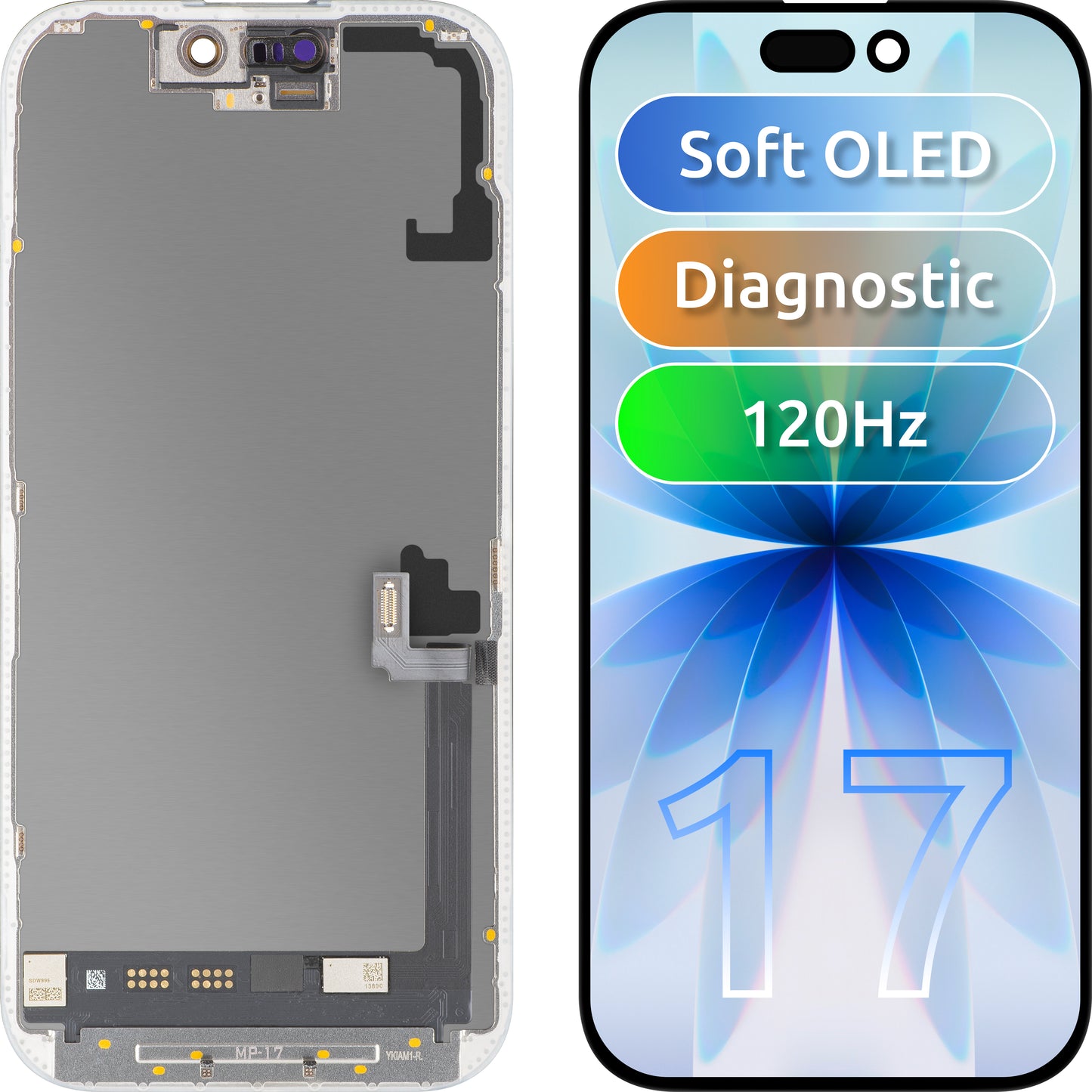 Zaslon s MP zaslonom osjetljivim na dodir kompatibilan s Apple iPhone 17, s okvirom, Soft OLED FHD 120Hz dijagnostička verzija, crna