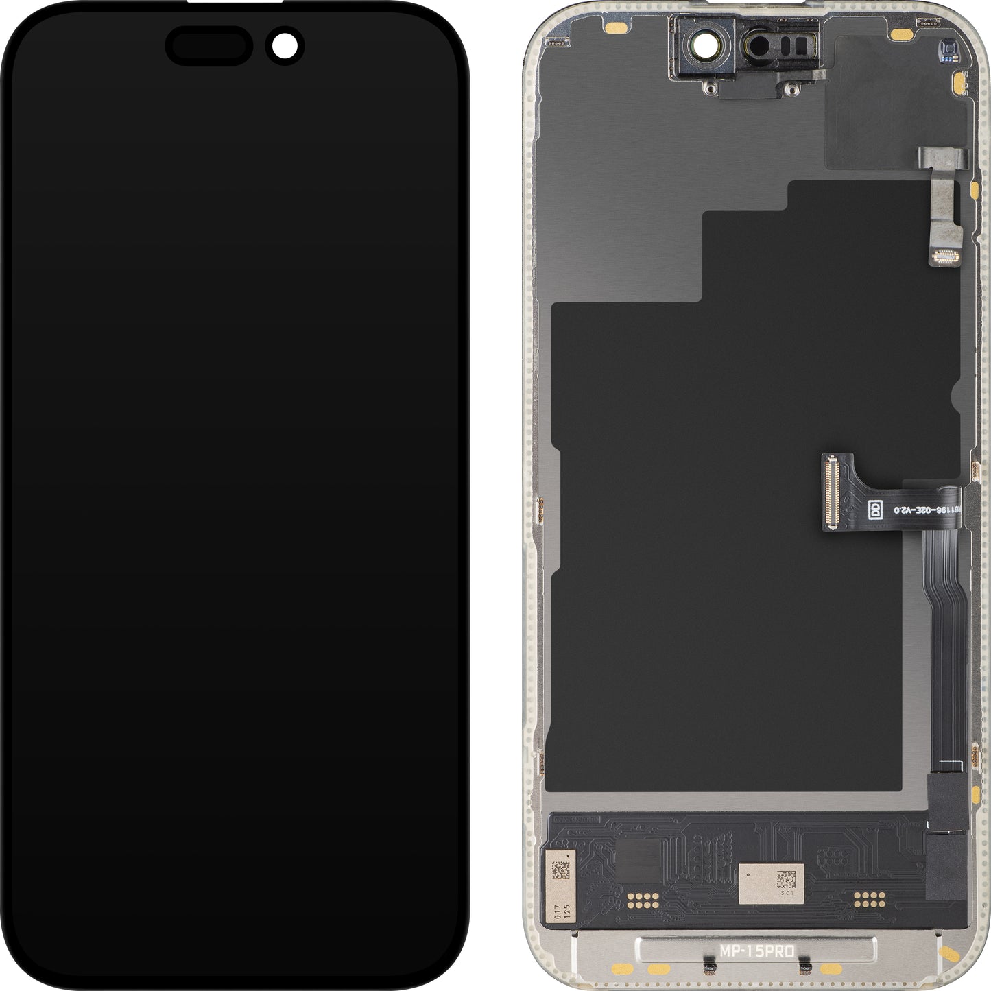 Zaslon s dodirnim zaslonom i senzorom blizine MP kompatibilan s Apple iPhone 15 Pro, s okvirom, Soft OLED FHD 120Hz dijagnostička verzija, crna