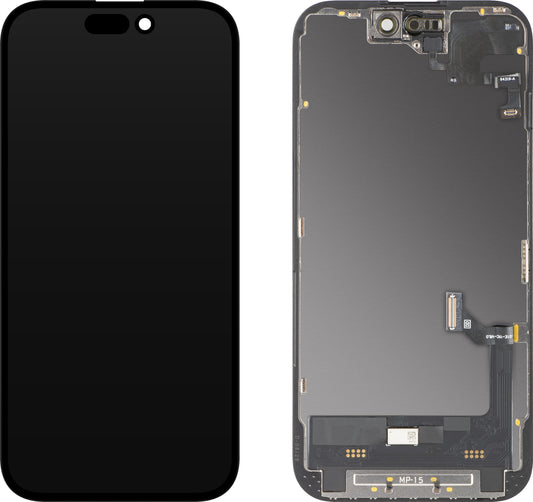 Zaslon s dodirnim zaslonom i senzorom blizine MP kompatibilan s Apple iPhone 15, s okvirom, Soft OLED FHD dijagnostička verzija, crna