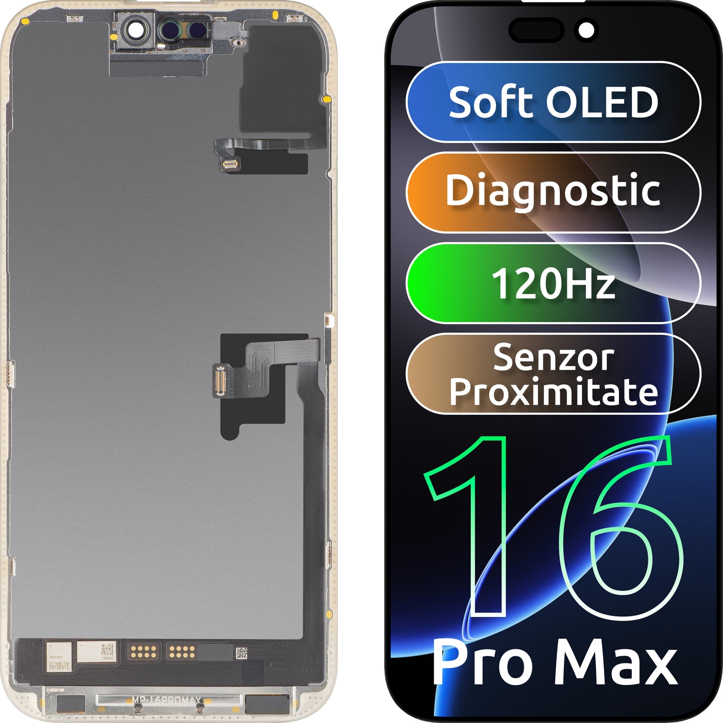 Zaslon s dodirnim zaslonom i senzorom blizine MP kompatibilan s Apple iPhone 16 Pro Max, s okvirom, Soft OLED FHD 120Hz dijagnostička verzija, crna