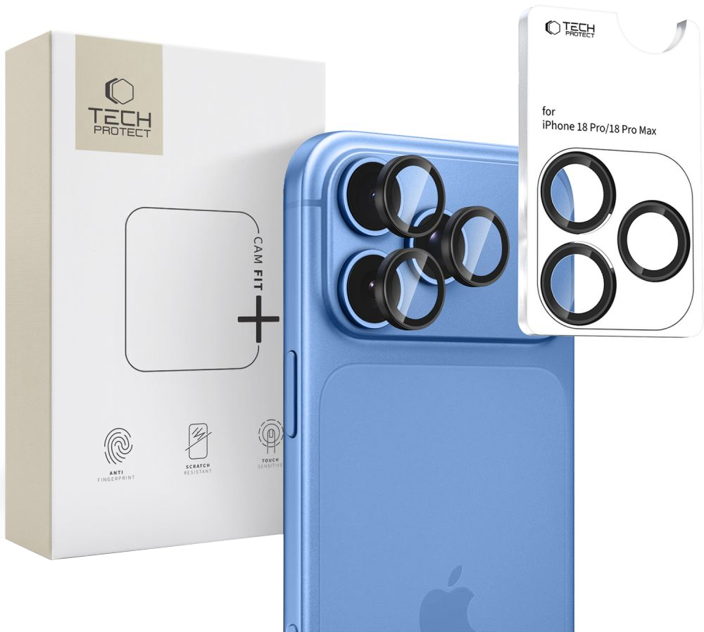 Stražnja zaštitna folija za kameru Tech-Protect CamRing Fit+ za Apple iPhone 18 Pro / 18 Pro Max, Kaljeno staklo, Crna