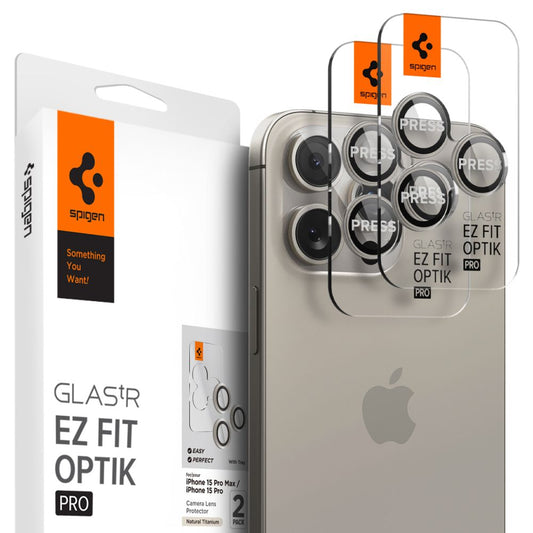 Zaštitna folija za stražnju kameru Spigen EZ FIT za Apple iPhone 15 Pro Max / 15 Pro, Kaljeno staklo, Set od 2 komada, Siva AGL07163