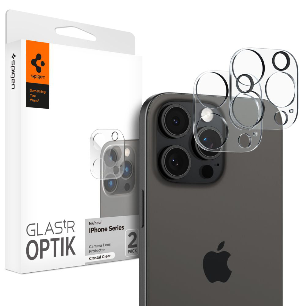 Zaštitna folija za stražnju kameru Spigen Optik za Apple iPhone 15 Pro Max / 15 Pro, Kaljeno staklo, Pun ljepilo, Set od 2 komada, Prozirna