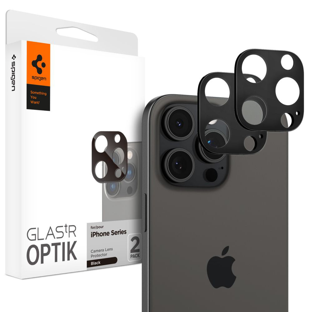Zaštitna folija za stražnju kameru Spigen Optik za Apple iPhone 15 Pro Max / 15 Pro, Kaljeno staklo, Pun ljepilo, Set od 2 komada, Crna AGL05273