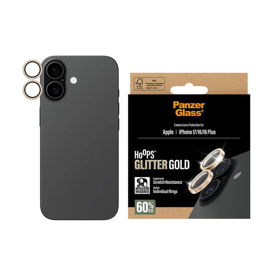 Zaštitna folija za stražnju kameru PanzerGlass Hoops Glitter za Apple iPhone 17 / 16 Plus / 16, Kaljeno staklo, Zlatna