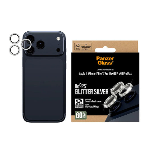 Zaštitna folija za stražnju kameru PanzerGlass Hoops Glitter za Apple iPhone 17 Pro Max / 17 Pro / 16 Pro Max / 16 Pro, Kaljeno staklo, Srebrna
