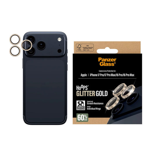 Zaštitna folija za stražnju kameru PanzerGlass Hoops Glitter za Apple iPhone 17 Pro Max / 17 Pro / 16 Pro Max / 16 Pro, Kaljeno staklo, Zlatna