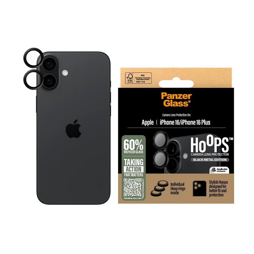 Zaštitna folija za stražnju kameru PanzerGlass Hoops za Apple iPhone 16 Plus / 16, Kaljeno staklo, Crna