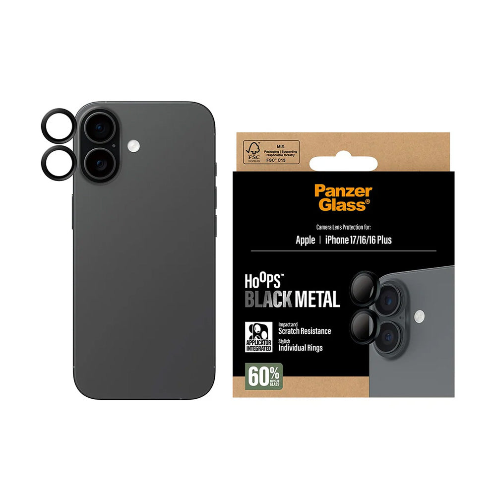 Zaštitna folija za stražnju kameru PanzerGlass Hoops za Apple iPhone 17 / 16 Plus / 16, Kaljeno staklo, Crna