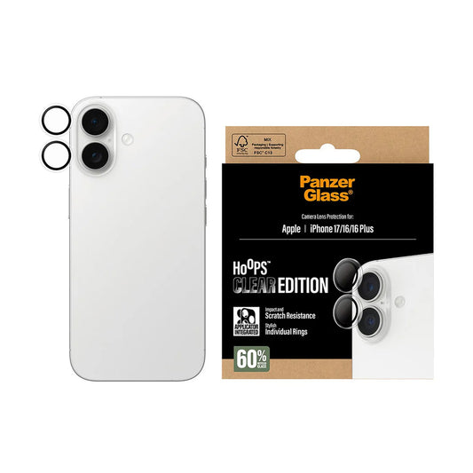 Zaštitna folija za stražnju kameru PanzerGlass Hoops za Apple iPhone 17 / 16 Plus / 16, Kaljeno staklo, Prozirno