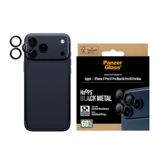 Zaštitna folija za stražnju kameru PanzerGlass Hoops za Apple iPhone 17 Pro Max / 17 Pro / 16 Pro Max / 16 Pro, Kaljeno staklo, Crna