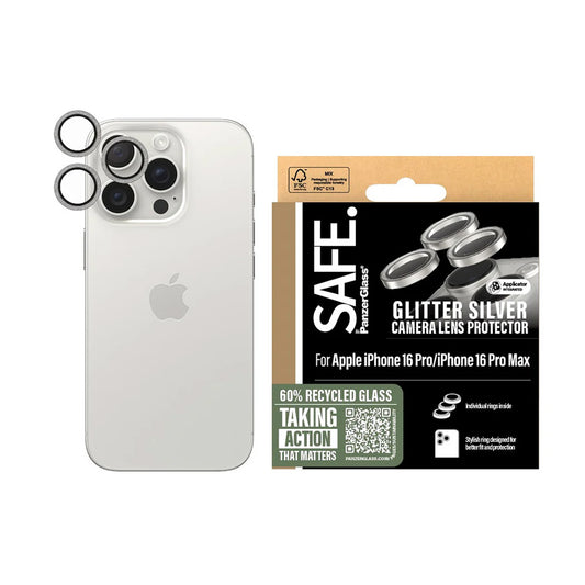 Zaštitna folija za stražnju kameru PanzerGlass Safe. Glitter za Apple iPhone 16 Pro Max / 16 Pro, Kaljeno staklo, Srebrna.