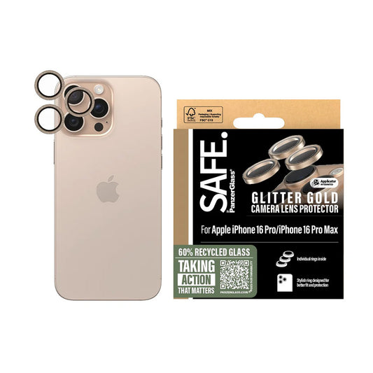 Zaštitna folija za stražnju kameru PanzerGlass Safe. Glitter za Apple iPhone 16 Pro Max / 16 Pro, Kaljeno staklo, Zlatna