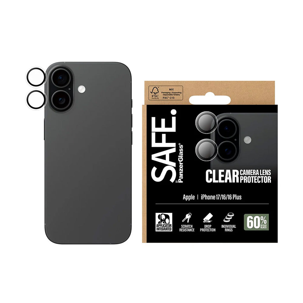 Zaštitna folija za stražnju kameru PanzerGlass Safe. za Apple iPhone 17 / 16 Plus / 16, Kaljeno staklo, Prozirno