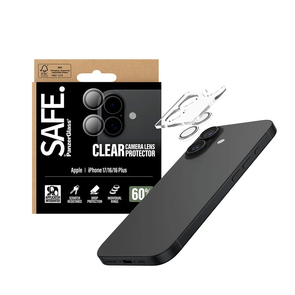 Zaštitna folija za stražnju kameru PanzerGlass Safe. za Apple iPhone 17 / 16 Plus / 16, Kaljeno staklo, Prozirno
