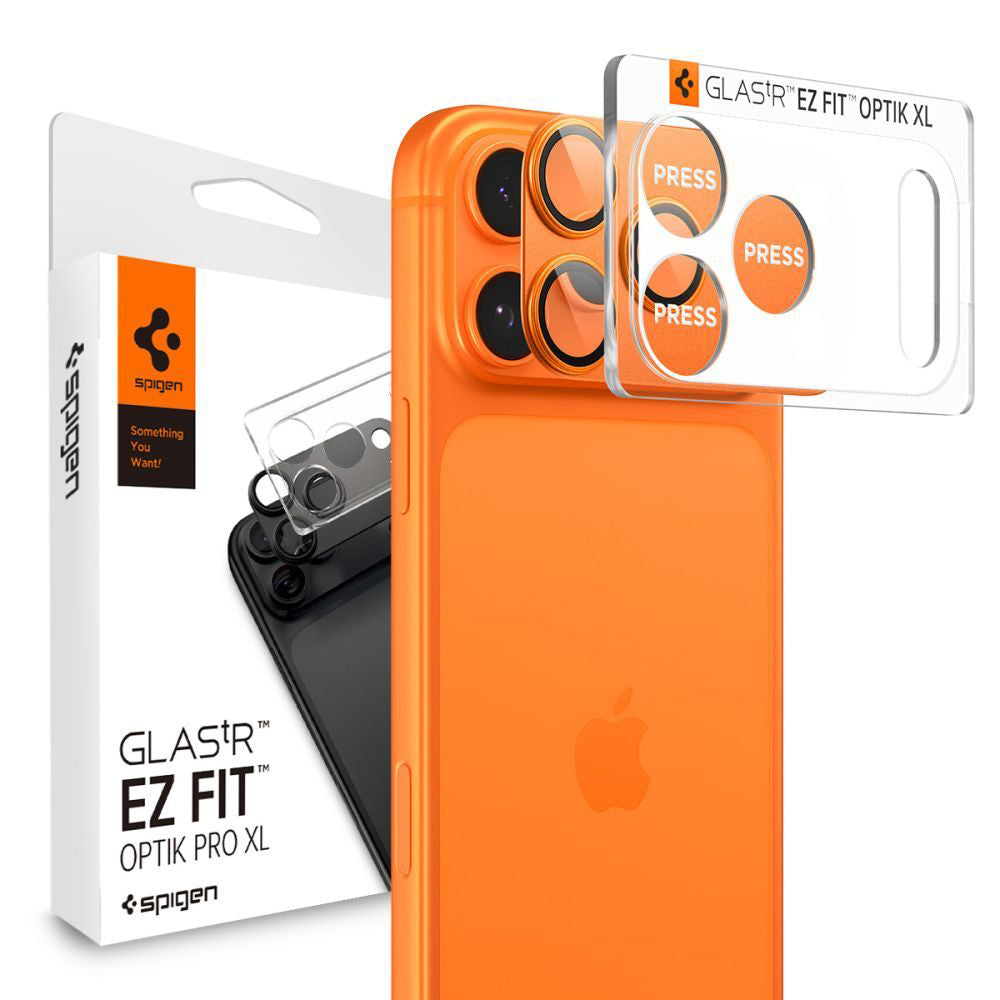 Zaštitna folija za stražnju kameru Spigen GlastR EZ FIT Optik Pro za Apple iPhone 17 Pro Max, Kaljeno staklo, Set od 2 komada, Narančasta AGL10650