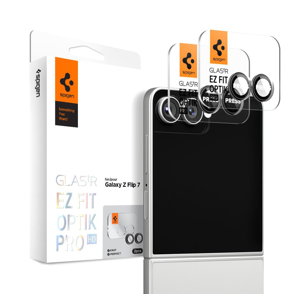 Zaštitna folija za stražnju kameru Spigen GlastR EZ FIT Optik Pro HD za Samsung Galaxy Z Flip7 F766, Kaljeno staklo, Set od 2 komada, Crna AGL09587