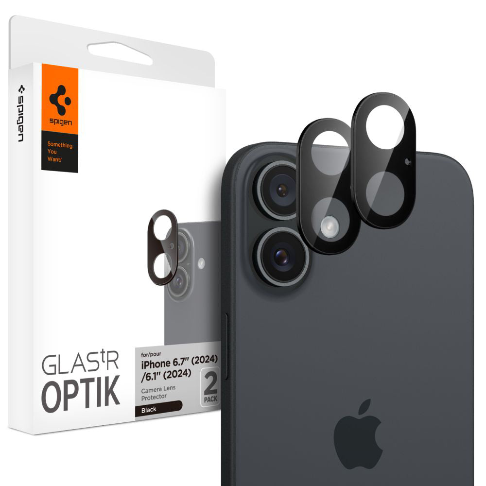 Zaštitna folija za stražnju kameru Spigen GlastR Optik za Apple iPhone 16 Plus / 16, Kaljeno staklo, Set od 2 komada, Crna AGL07922