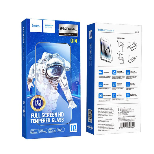 Zaštitna folija za ekran HOCO za Apple iPhone 14 Pro Max, Kaljeno staklo, Full Glue, Set od 10 komada, Crna