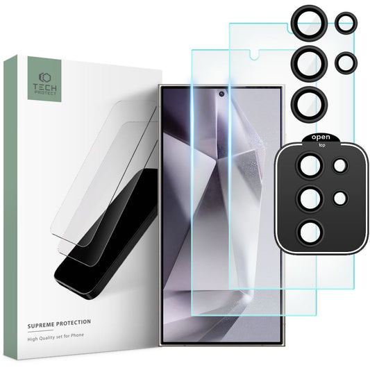 Zaštitna folija za ekran i stražnju kameru Tech-Protect Supreme za Samsung Galaxy S24 Ultra S928, Kaljeno staklo, Pun ljepilo, Set od 3 komada, 2.5D