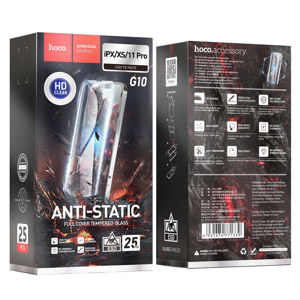 Zaštitna folija za ekran HOCO za Apple iPhone 11 Pro / XS / X, Kaljeno staklo, Full Glue, Set od 25 komada, Crna
