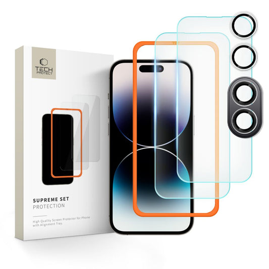 Zaštitna folija za ekran i stražnju kameru Tech-Protect Supreme za Apple iPhone 16 Plus, Kaljeno staklo, Pun ljepilo