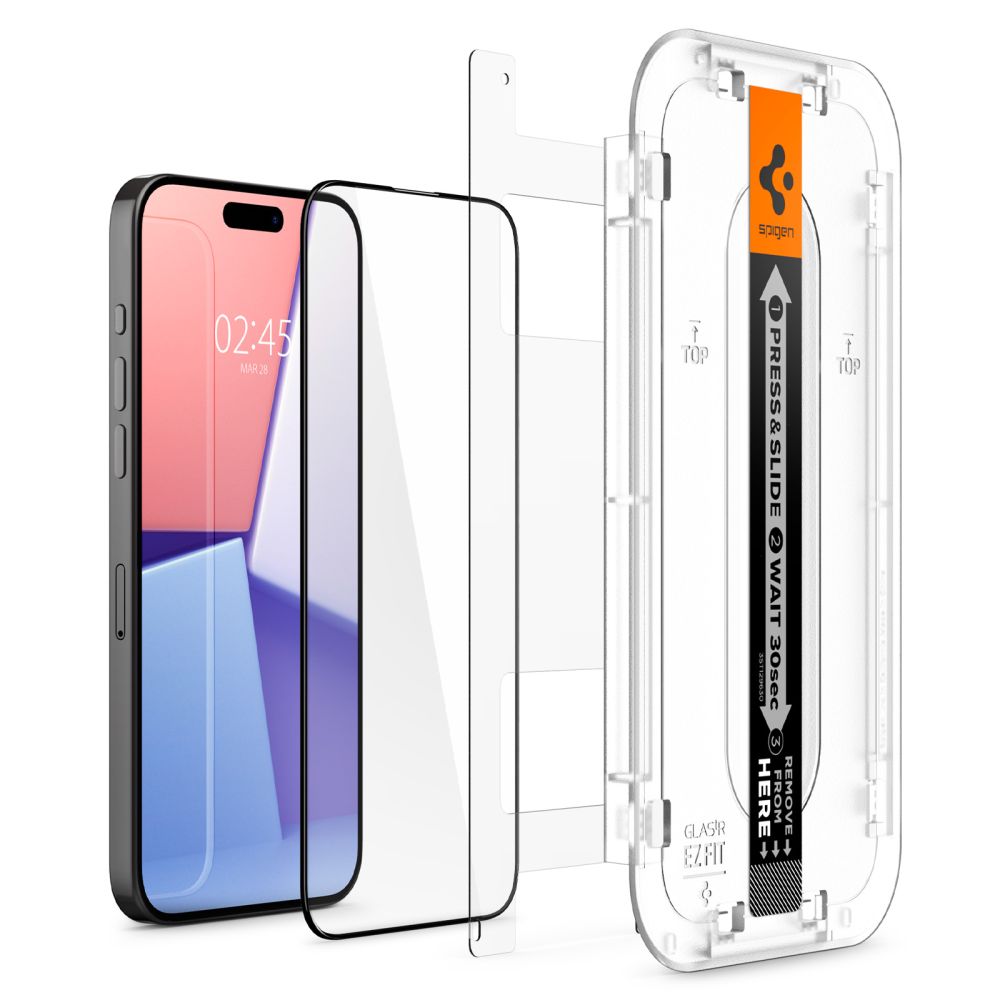 Zaštitna folija za ekran Spigen EZ FIT za Apple iPhone 15 Pro Max, Kaljeno staklo, Pun ljepilo, 2.5D, Prijateljski za futrole, Crna AGL06879